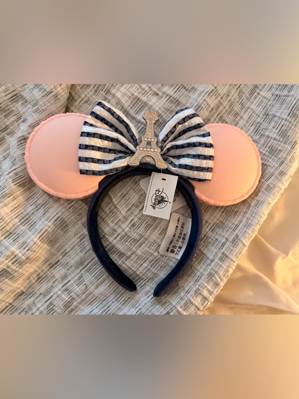 Disney Pink Ear Headband with Navy Stripe Bow and Eiffel Tower Charm